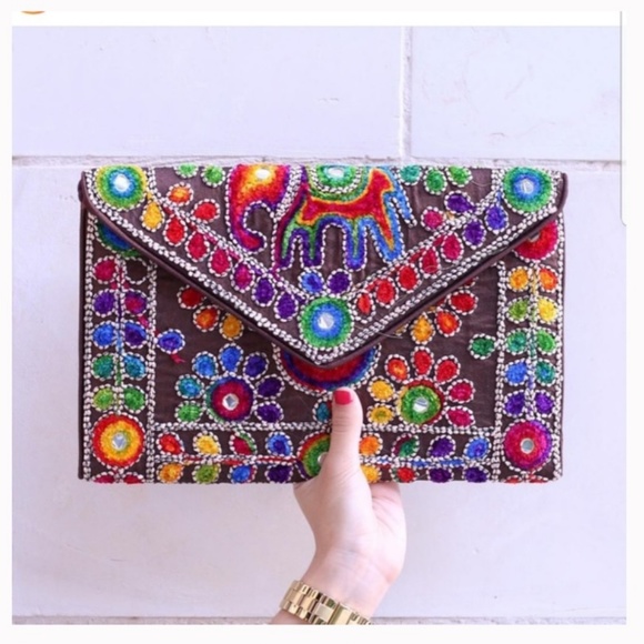 CREAM Elephant Tapestry Crossbody Bag Clutch - Picture 8 of 8